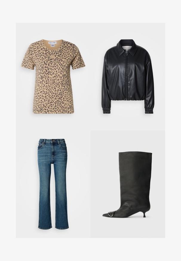 Jachetă scurtă neagră din piele ecologică, cu fermoar frontal, guler ascuțit și manșoane elastice. Prezintă o marcaj minim pe piept.; Tricou bej cu mânecă scurtă, cu un design leopard, având un guler rotund și un mic accent cu logo auriu în față.; Jeans albastre cu talie înaltă, din denim, cu un design drept, ușor decolorate și închidere standard cu buton și fermoar.; Botină neagră din piele cu vârf ascuțit, toc mic și detaliu metalic pe vârf. Textură netedă, mată pe întreaga suprafață.