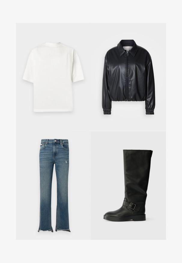 Zwarte cropped jacket van faux leer met een ritssluiting aan de voorkant, puntige kraag en elastische manchetten. Bevat minimale branding op de borst.; Witte katoenen t-shirt met korte mouwen, ronde hals en een ontspannen pasvorm. Gladde textuur, eenvoudig ontwerp, zonder zichtbare patronen of accenten.; Blauwe spijkerbroek van denim met lichte slijtage, ruwe rafelige zomen, voorzakken, riemlussen en een knoopsluiting.; Zwarte kniehoge laarzen van glad leer, met een ronde neus, een dikke zool en een horizontale band met een rechthoekige gesp.