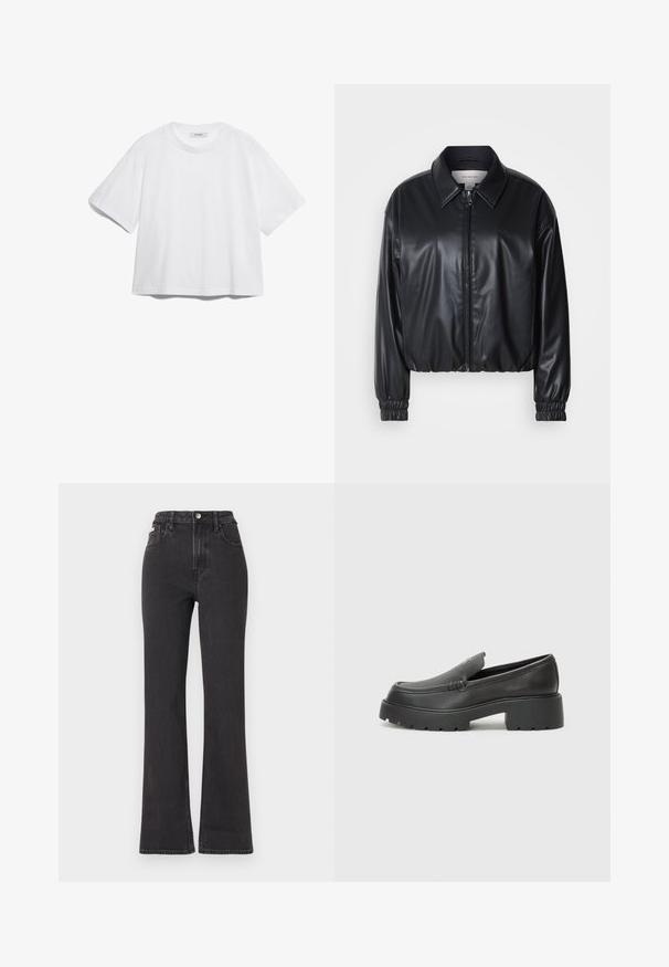 Jacket cropped preto em couro sintético com fecho zip, colarinho pontudo e punhos elásticos. Apresenta uma marcação mínima no peito.; T-shirt de algodão branca com mangas curtas, gola redonda, corte descontraído e sem padrões ou gráficos visíveis. Textura suave e design simples.; Jeans flared pretos de cintura alta feitos de denim, com fecho de botão, passadores para cinto e bolsos laterais. Textura suave com desbotamento mínimo.; Mocassins de couro preto com bico arredondado, sola espessa e texturizada, e detalhes de costura minimalistas. Design elegante sem atacadores ou ferragens visíveis.