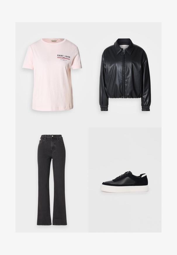Jacket cropped preto em couro sintético com fecho zip, colarinho pontudo e punhos elásticos. Apresenta uma marcação mínima no peito.; T-shirt de algodão rosa com decote redondo. Apresenta o logótipo "GANT 1949" em azul marinho e vermelho no peito, mangas curtas e uma bainha reta.; Jeans flared pretos de cintura alta feitos de denim, com fecho de botão, passadores para cinto e bolsos laterais. Textura suave com desbotamento mínimo.; Sapatilha preta com painéis de pele lisa e camurça, atacadores planos, bico arredondado e sola de borracha branca. Logótipo distinto no calcanhar.