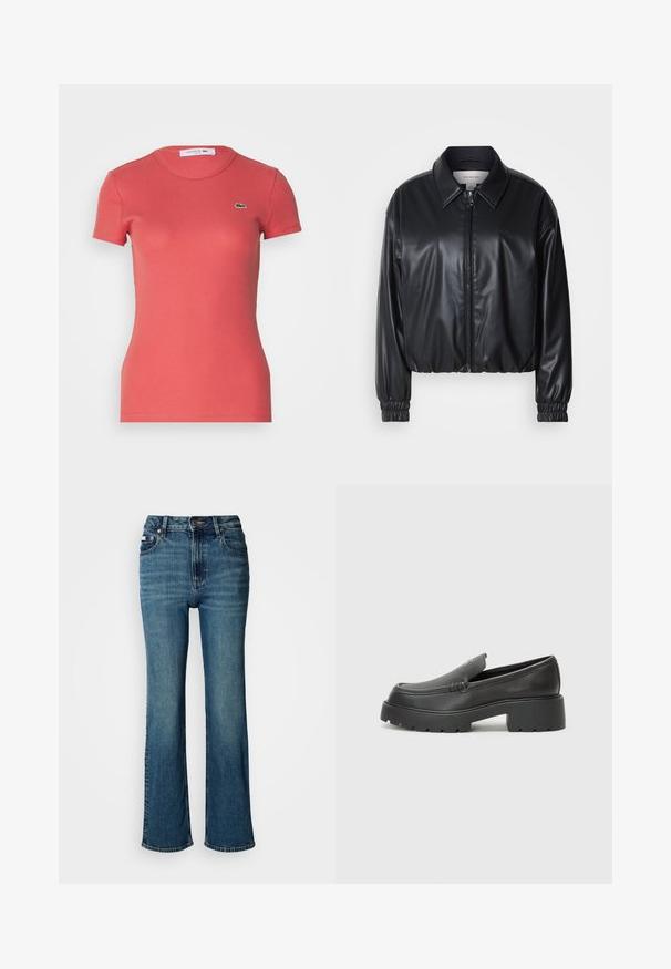 Juodas trumpas švarkas iš dirbtinės odos su užtrauktuku priekyje, smailiu apykaklės dizainu ir elastingomis rankovėmis. Švarke minimalus prekės ženklas ant krūtinės.; Trumpas rankovėmis, raštuotas koralinės spalvos marškinėliai su prigludusia forma, ant krūtinės esantis mažas žalias Lacoste logotipas. Pagaminta iš tamprios medžiagos.; Aukštai juosmeniu mėlyni džinsai iš denimo, turintys tiesaus kirpimo dizainą, švelnų blukimą ir standartinį mygtuko bei užtrauktuko uždarymą.; Juodi odiniai loaferiai su apvaliu pirštu, storu tekstūruotu padu ir minimaliu siūlių dekoru. Išskirtinis dizainas be matomų raištelių ar furnitūros.