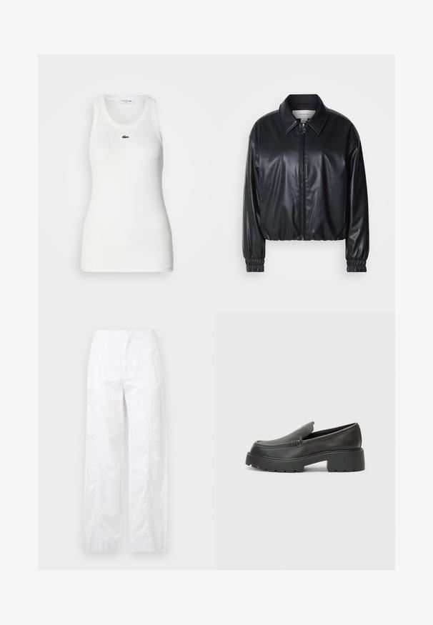 Melna, īsā jaka no mākslīgās ādas ar zipa priekšpusi, norādītām apkaklēm un elastīgām aprocēm. Uz krūtīm ir minimāla zīmola identifikācija.; Balta bezpiedurkņu T-kreklu ar apaļu izgriezumu un ribotu tekstūru. Uz krūtīm ir mazs zaļš Lacoste krokodila logotips.; Baltas, plaša kāju bikses, izgatavotas no viegla auduma, ar gludu tekstūru, tīrām līnijām un augstu jostasvietu.; Melnas ādas mokasīni ar noapaļotu purngalu, biezs teksturēts zoles un minimālas dūriena detaļas. Gluds dizains bez redzamām auklām vai metāla elementiem.