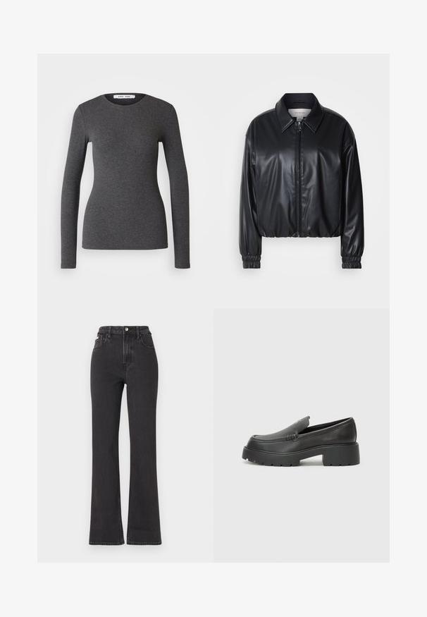 Black cropped jacket in faux leather with a zip front, pointed collar, and elastic cuffs. Features minimal branding on the chest.; Long-sleeved, round-necked top in dark gray, made from ribbed fabric with a fitted design, featuring a smooth texture and minimal detailing.; Black high-waisted flared jeans made of denim, featuring a button closure, belt loops, and side pockets. Smooth texture with minimal fading.; Black leather loafers with a rounded toe, thick textured sole, and minimal stitching details. Sleek design with no visible laces or hardware.