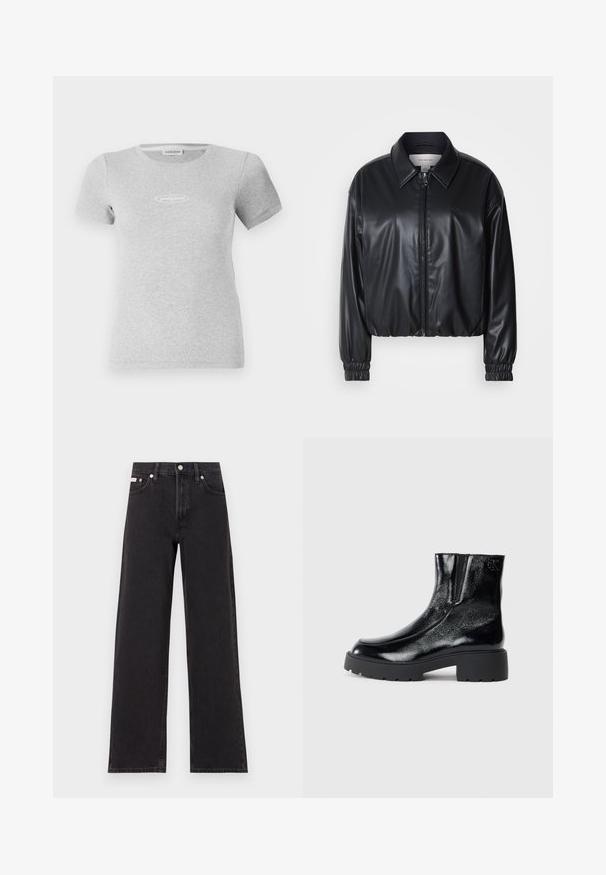 Chaqueta negra corta de piel sintética con cremallera frontal, cuello puntiagudo y puños elásticos. Presenta un branding mínimo en el pecho.; Camiseta gris de manga corta hecha de tela acanalada, con un diseño ajustado y un pequeño logo blanco en el pecho.; Jeans anchos de mezclilla negros, con cintura alta, cinco bolsillos y cierre de botón metálico con costuras contrastantes.; Botines negros con acabado de charol brillante, suela de goma negra gruesa y tacón elevado; incluye un sutil detalle del logo en el lateral.