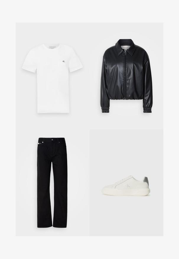 Svart cropped jakke i faux skinn med glidelås foran, spiss krage og elastiske mansjetter. Har minimal merkevareprofil på brystet.; Hvit bomulls t-skjorte med korte ermer og rund halslinning. Har en liten svart "ck"-logo på venstre bryst. Glatt tekstur.; Svart denim rettfittede bukser med fem lommer, sølvnitter og knappestolpe. Stoffet har en glatt, lett teksturert overflate.; Hvit sneaker laget av lær med en jevn tekstur, med en sølv aksent på hælen, flat såle og minimalistisk design.