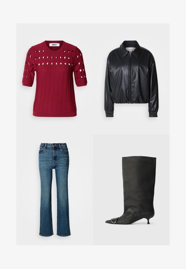 Fekete, rövidített fazonú műbőr dzseki, elöl cipzárral, hegyes gallérral és rugalmas mandzsettákkal. Minimalista logó található a mellkason.; Piros kötött pulóver rövid ujjakkal, bordás textúrával és nyitott lyukakkal, amelyek a mellkas és az ujjak mentén mintázatot képeznek.; Magas derekú kék farmernadrág, egyenes szárú dizájnnal, enyhe kopással és normál gombos-zipzáros záródással.; Fekete bőr bokacsizma hegyes orral, kis sarokkal és fémes díszítéssel az orrán. Az egész felületen sima, matt textúra.