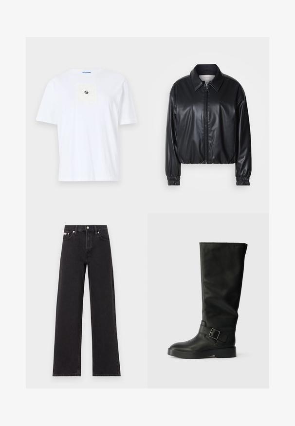 Sort cropped jakke i faux læder med lynlås foran, spidse kraver og elastiske håndled. Minimal brandings på brystet.; Hvid bomulds t-shirt med et firkantet tekstureret mærke på brystet med sort logo detaljer. Rund hals og korte ærmer.; Sorte vidde jeans lavet af denim, med høj talje, fem-lomme stil og en metalknap lukning med kontrasterende syninger.; Sorte knæhøje støvler lavet af glat læder, med rund tå, en tyk sål og et vandret rem med en rektangulær spænde detalje.