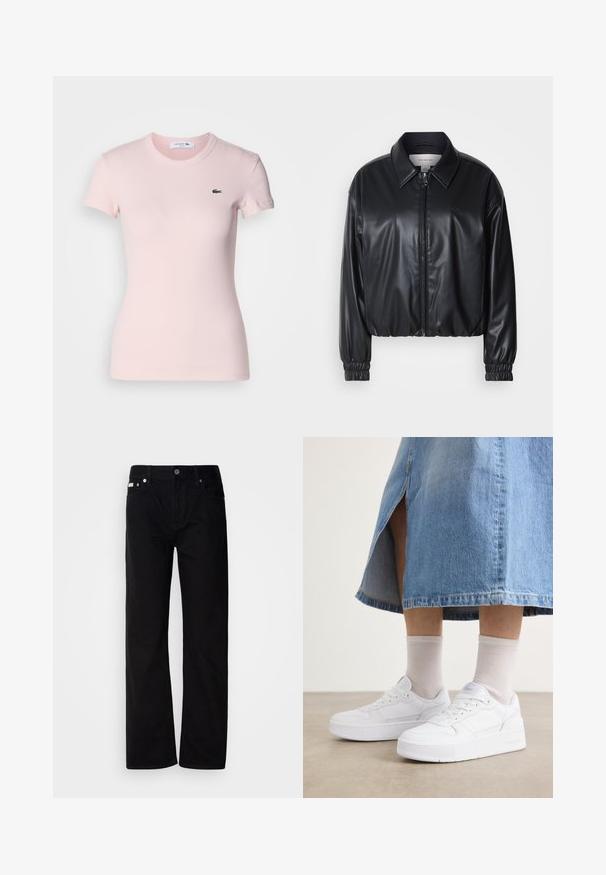 Fekete, rövidített fazonú műbőr dzseki, elöl cipzárral, hegyes gallérral és rugalmas mandzsettákkal. Minimalista logó található a mellkason.; Világos rózsaszín, bordázott, rövid ujjú póló, kerek nyakkivágással és egy kis zöld Lacoste logóval a bal mellen. Sima tapintású.; Fekete farmer egyenes fazonú nadrág öt zsebbel, ezüst szegecsekkel és gombos zárással. Az anyaga sima, enyhén texturált felületű.; Fehér tornacipők texturált bőrrel, platform talppal, kerek orral és fűzőrendszerrel; világosszürke térdzoknikkal és farmer szoknyával párosítva.