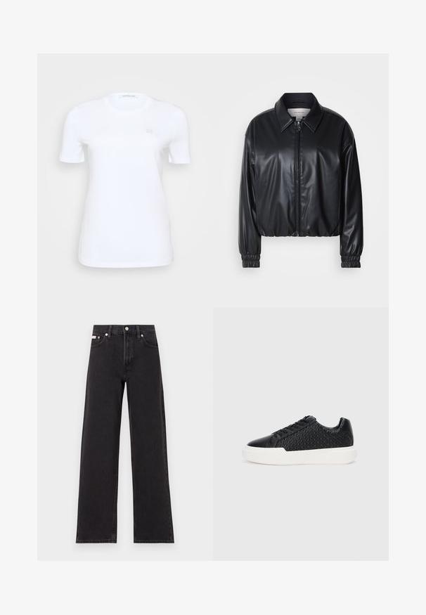 Must have musternahk, mis on valmistatud kunstnahast, lukuga esifaas, terava krae ja elastsete mansettidega. Rinnas minimaalne brändingu element.; Calvin Klein Jeans PLUS EMBRO BADGE REGULAR TEE - Lihtne T-särk - bright white; Mustad laiad mustad teksad, millel on kõrge vöökoht, viie tasku stiil ja metallist nööpkinnitus kontrastsete õmblustega.; Mustade sneakersid, millel on tekstuuriga õmmeldud disain, siledad nahast aktsendid, lame valge kummist tall ja traditsiooniline paeltes sulgemine.