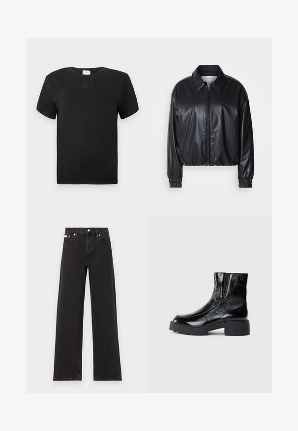 Fekete, rövidített fazonú műbőr dzseki, elöl cipzárral, hegyes gallérral és rugalmas mandzsettákkal. Minimalista logó található a mellkason.; Fekete, rövid ujjú, kereknyakú póló, a mellkas közepén diszkrét, hímzett Calvin Klein logóval, sima design, fehér háttérrel.; Fekete, bőszárú farmernadrág, magas derekú, öt zsebes kialakítással és fém gombos záródással, kontrasztos varrással.; Fekete bokacsizmák fényes lakkbőr felülettel, vastag fekete gumitalppal és megemelt sarokkal; oldalon diszkrét logó részlettel.
