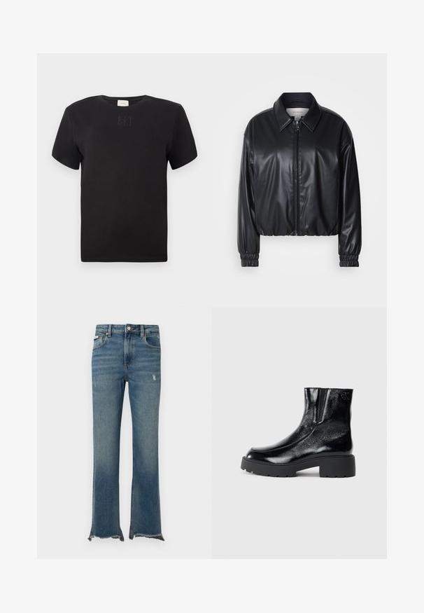 Svart cropped jakke i faux skinn med glidelås foran, spiss krage og elastiske mansjetter. Har minimal merkevareprofil på brystet.; Svart kortermet t-skjorte med rund hals, med subtilt brodert Calvin Klein-logo sentrert på brystet, enkel design på hvit bakgrunn.; Blå denimjeans med lett slitasje, rå frynsete kanter, frontlommer, beltestropper og knappelukking.; Svarte ankelstøvler med en blank lakkfinish, kraftig svart gummisåle og hevet hæl; inkluderer subtile logo-detaljer på siden.