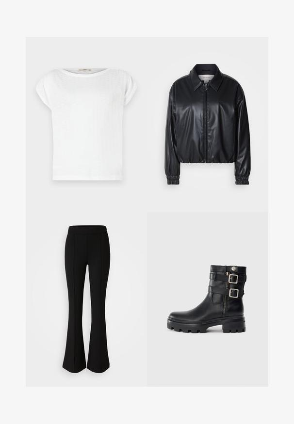Schwarze, taillierte Jacke aus Kunstleder mit einem Reißverschluss vorn, spitzem Kragen und elastischen Bündchen. Verfügt über eine minimale Markenkennzeichnung auf der Brust.; Weißes T-Shirt mit kurzen Ärmeln, rundem Ausschnitt und strukturiertem Stoff. Schlichtes Design mit lockerer Passform und ungeziertem Saum.; Schwarze, ausgestellte Hose aus einem dehnbaren Material mit glatter Textur, ausgestattet mit Nahtdetails an der Vorderseite für ein zusätzliches Designelement.; Schwarze Leder-Ankle-Boots mit doppelten Schnallenakzenten, Reißverschluss, robuster Sohle und glatter Textur. Verfügt über ein robustes, stilvolles Design.