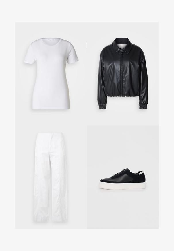 Jacket cropped preto em couro sintético com fecho zip, colarinho pontudo e punhos elásticos. Apresenta uma marcação mínima no peito.; Samsøe Samsøe ESTER - T-shirt básica - white; Calças brancas de perna larga feitas de um tecido leve, com uma textura suave, linhas limpas e um design de cintura alta.; Sapatilha preta com painéis de pele lisa e camurça, atacadores planos, bico arredondado e sola de borracha branca. Logótipo distinto no calcanhar.