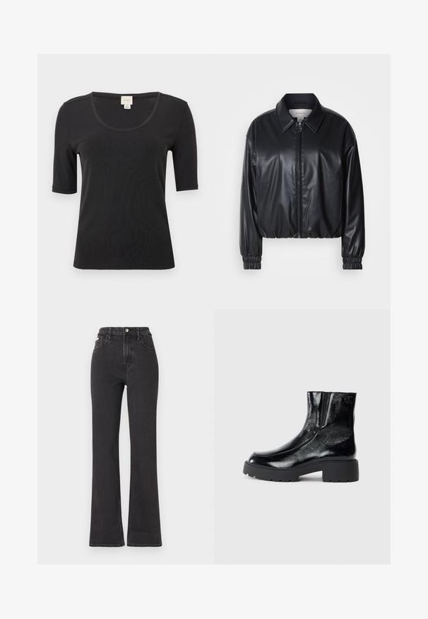 Fekete, rövidített fazonú műbőr dzseki, elöl cipzárral, hegyes gallérral és rugalmas mandzsettákkal. Minimalista logó található a mellkason.; Fekete, rövid ujjú póló sima anyagból, széles, kerek nyakkivágással és laza szabással. Nincsenek minták vagy kiegészítők.; Fekete, magas derekú, trapéz fazonú farmernadrág, gombos záródással, övrésszel és oldalsó zsebekkel. Sima textúrájú, minimális kopással.; Fekete bokacsizmák fényes lakkbőr felülettel, vastag fekete gumitalppal és megemelt sarokkal; oldalon diszkrét logó részlettel.