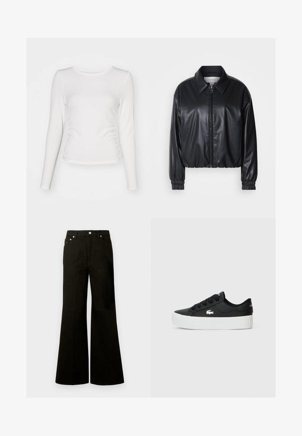 Black cropped jacket in faux leather with a zip front, pointed collar, and elastic cuffs. Features minimal branding on the chest.; White long-sleeve top made of ribbed fabric, featuring a fitted design with ruching detail at the sides and a round neckline.; Black high-waist wide-leg jeans with front button and zipper, belt loops, and five pockets including a small coin pocket.; Black low-top sneaker made of synthetic material, featuring a white rubber sole, black laces, and a small white logo on the side.