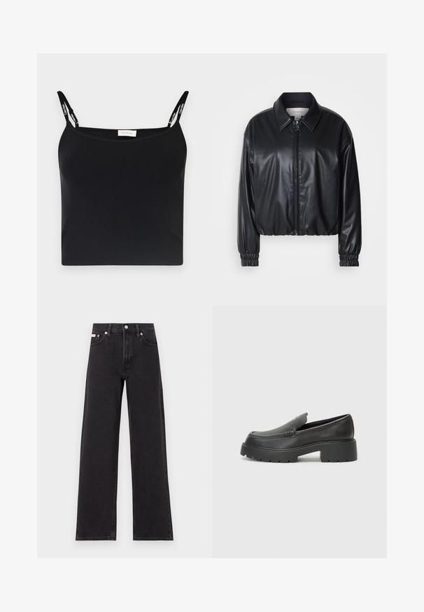 Jacket cropped preto em couro sintético com fecho zip, colarinho pontudo e punhos elásticos. Apresenta uma marcação mínima no peito.; Camisola preta canelada com alças finas, apresentando a marca Calvin Klein. Design simples e ajustado, com uma textura suave e sem padrões adicionais.; Jeans de perna larga pretos feitos de denim, apresentando uma cintura alta, estilo de cinco bolsos e um fecho em botão de metal com costura contrastante.; Mocassins de couro preto com bico arredondado, sola espessa e texturizada, e detalhes de costura minimalistas. Design elegante sem atacadores ou ferragens visíveis.