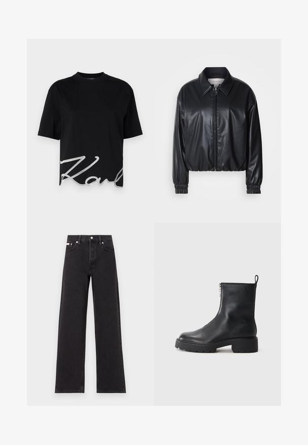 Juodas trumpas švarkas iš dirbtinės odos su užtrauktuku priekyje, smailiu apykaklės dizainu ir elastingomis rankovėmis. Švarke minimalus prekės ženklas ant krūtinės.; KARL LAGERFELD OVERSIZED SIGNATURE HEM - Paprasti marškinėliai - black; Juodos plačios kojų džinsai, pagaminti iš džinsinio audinio, su aukštu liemeniu, penkių kišenių stiliumi ir metaline sagte su kontrastingo siuvimo detalėmis.; Juoda odinė aulinė avalynė su šoniniu užtrauktuku, apvaliu pirštu ir masyviu, tekstūruotu padu. Subtilus markės ženklas šone.