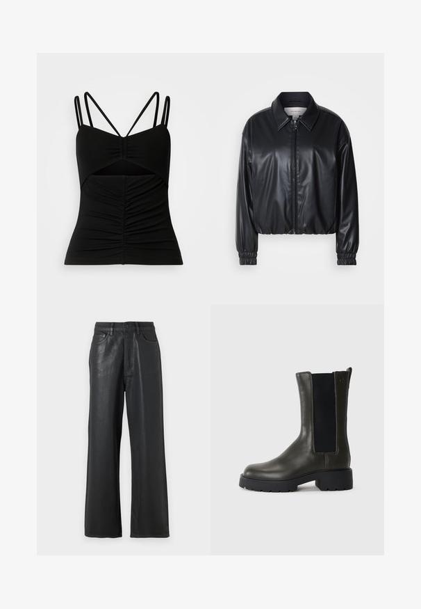 Svart cropped jakke i faux skinn med glidelås foran, spiss krage og elastiske mansjetter. Har minimal merkevareprofil på brystet.; Svart ermeløs topp med justerbare tynne stropper, med en rynket design foran og en utskuringsdetalj på midtseksjonen.; Svarte vide bukser laget av et glinsende materiale. Har knappelukking, beltestropper og frontlommer med en glatt tekstur.; Grønn skinn ankelstøvel med elastiske sidepaneler, rund tå og gummisal. Har en teksturert overflate og blokkhæl.