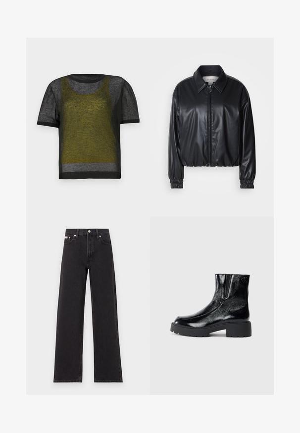 Musta lyhyt nahkatakki, jossa on vetoketjukiinnitys, terävä kaulus ja joustavat hihansuut. Rinnassa on minimaalinen brändäys.; Musta lyhythihainen neulepaita, jossa on läpikuultava tekstuuri. Siinä on vihreä ja harmaa kerroksellinen muotoilu, pyöreä pääntie ja tummat kontrastit.; Mustat leveälahkeiset farkut, jotka on valmistettu denimistä, korkeavyötäröinen malli, viisi taskua, metallinappi sulkemiseen ja kontrastivärinen ompelu.; Mustat nilkkurit, joissa on kiiltävä patenttinahkafarba, paksu musta kumipohja ja korkeampi korko; sisältää hienovaraisen logon yksityiskohdan sivussa.