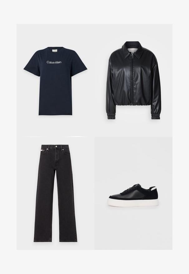Čierna skrátená bunda z umielej kože s predným zipsom, špicatým golierom a elastickými manžetami. Obsahuje minimálne logo na hrudi.; Námornícka modrá bavlnená tričko s krátkymi rukávmi a okrúhlym výstrihom. Na hrudi sa nachádza biele logo s textom "Calvin Klein". Jednoduchý a klasický dizajn.; Čierne široké džínsy vyrobené z denimu, s vysokým pásom, piatimi vreckami a kovovým zapínaním s kontrastným šitím.; Čierne tenisky s hladkou kožou a semišovými panelmi, plochými šnúrkami, zaoblenou špičkou a bielou gumovou podrážkou. Výrazné logo na päte.