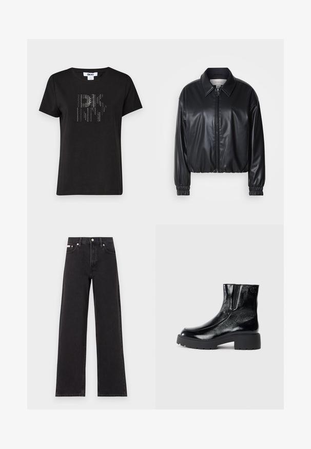 Black cropped jacket in faux leather with a zip front, pointed collar, and elastic cuffs. Features minimal branding on the chest.; Black short-sleeve t-shirt made of cotton, featuring a textured design with silver studs arranged in a stylized logo on the front.; Black wide-leg jeans made of denim, featuring a high-rise waist, five-pocket styling, and a metal button closure with contrasting stitching.; Black ankle boots with a glossy patent leather finish, chunky black rubber sole, and raised heel; includes subtle logo detail on the side.