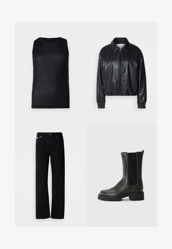 Svart cropped jakke i faux skinn med glidelås foran, spiss krage og elastiske mansjetter. Har minimal merkevareprofil på brystet.; Svart ermeløs topp laget av lett materiale. Har rund hals og glatt tekstur med subtil glans. Enkel design, uten mønstre.; Svart denim rettfittede bukser med fem lommer, sølvnitter og knappestolpe. Stoffet har en glatt, lett teksturert overflate.; Grønn skinn ankelstøvel med elastiske sidepaneler, rund tå og gummisal. Har en teksturert overflate og blokkhæl.