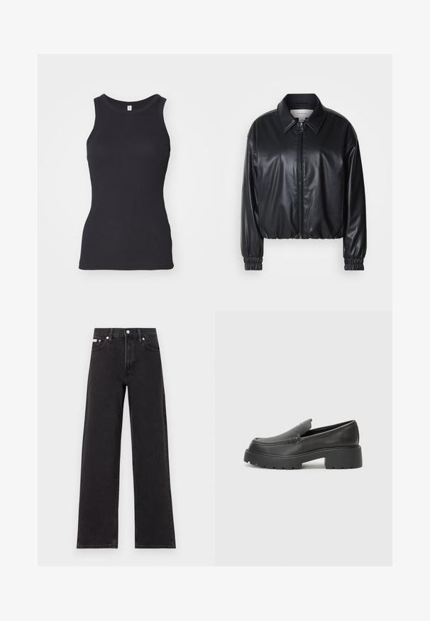 Must have musternahk, mis on valmistatud kunstnahast, lukuga esifaas, terava krae ja elastsete mansettidega. Rinnas minimaalne brändingu element.; Mustamata ilma varrukate ja ümarate dekolteega T-särk. Valmistatud pehmest puuvillakangast, see on keha lähedane siluett ja sile tekstuur.; Mustad laiad mustad teksad, millel on kõrge vöökoht, viie tasku stiil ja metallist nööpkinnitus kontrastsete õmblustega.; Mustad nahast loafers ümarate varvastega, paksu tekstuuriga tald ja minimaalsete õmbluse detailidega. Viimistletud disain, kus pole nähtavaid paelu ega riistu.