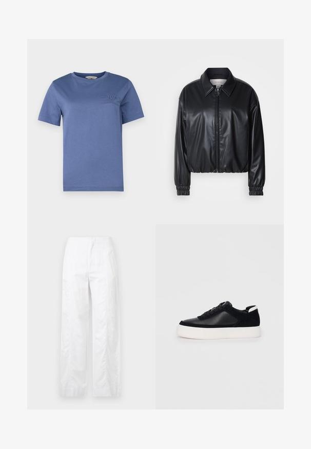 Giacca nera corta in ecopelle con zip frontale, colletto a punta e polsini elastici. Presenta una grafica minimalista sul petto.; T-shirt in cotone blu con maniche corte, scollatura rotonda e logo ricamato sul petto. Texture liscia, vestibilità casual, design minimale.; Pantaloni bianchi a gamba larga realizzati in tessuto leggero, con una texture liscia, linee pulite e un design a vita alta.; Sneaker nera con pannelli in pelle liscia e suede, lacci piatti, punta arrotondata e suola in gomma bianca. Logo distintivo sul tallone.