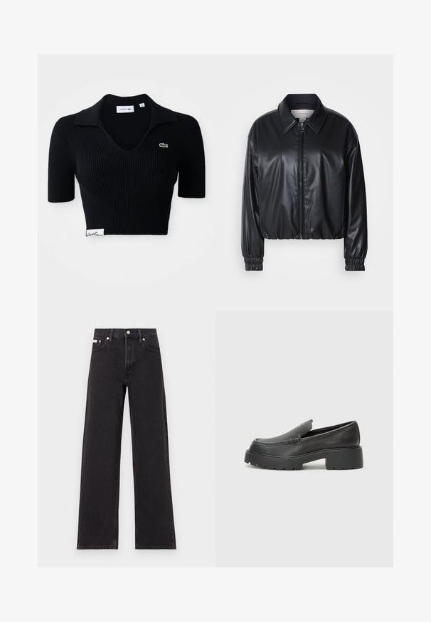 Jachetă scurtă neagră din piele ecologică, cu fermoar frontal, guler ascuțit și manșoane elastice. Prezintă o marcaj minim pe piept.; Polo croppat negru din țesătură cu nervuri, cu decolteu în V, mâneci scurte și un logo brodat verde pe pieptul stâng. Etichetă albă la tiv.; Jeanși negri cu picioare largi, fabricați din denim, cu talie înaltă, stil cu cinci buzunare și închidere cu nasture metalic, cu cusături contrastante.; Mocasini din piele neagră, cu vârf rotunjit, talpă groasă texturată și detalii minimale de cusătură. Design elegant, fără șireturi sau accesorii vizibile.