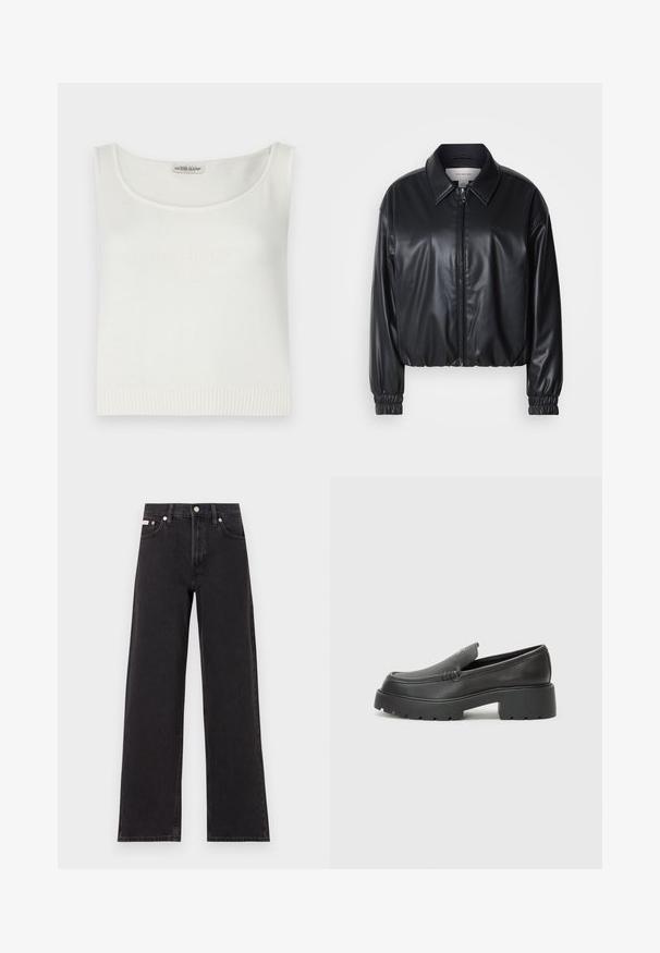 Black cropped jacket in faux leather with a zip front, pointed collar, and elastic cuffs. Features minimal branding on the chest.; White sleeveless top made of knit fabric with a scooped neckline and ribbed hem. Features embossed "GUESS JEANS" logo on the front.; Black wide-leg jeans made of denim, featuring a high-rise waist, five-pocket styling, and a metal button closure with contrasting stitching.; Black leather loafers with a rounded toe, thick textured sole, and minimal stitching details. Sleek design with no visible laces or hardware.
