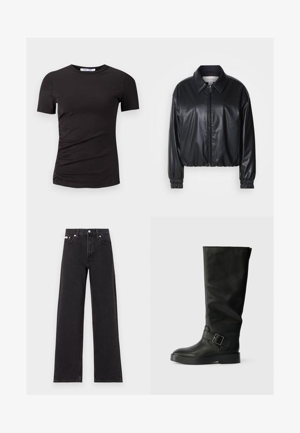 Black cropped jacket in faux leather with a zip front, pointed collar, and elastic cuffs. Features minimal branding on the chest.; Black short-sleeve t-shirt made of soft fabric, featuring a crew neck and gathered detailing on the left side for subtle texture.; Black wide-leg jeans made of denim, featuring a high-rise waist, five-pocket styling, and a metal button closure with contrasting stitching.; Black knee-high boots made of smooth leather, featuring a rounded toe, a thick sole, and a horizontal strap with a rectangular buckle detail.