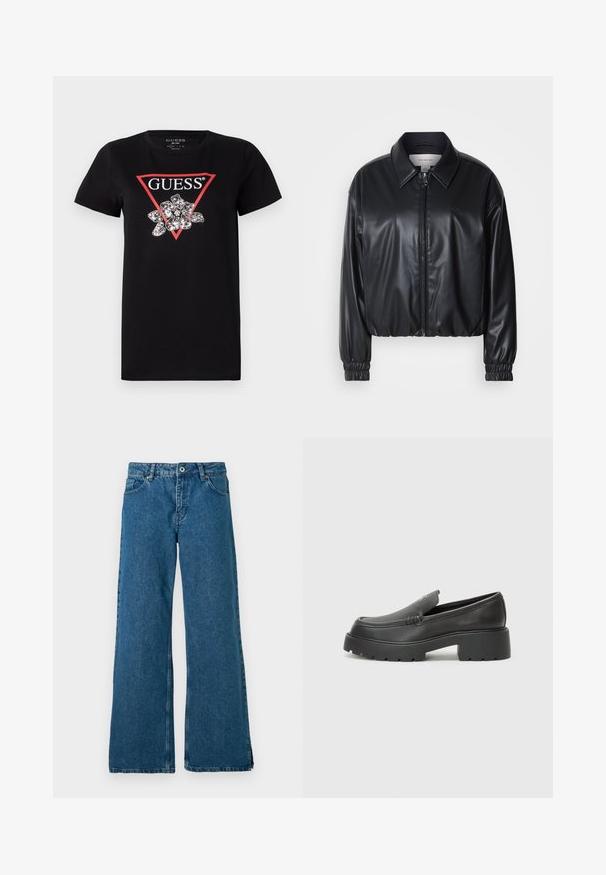 Svart cropped jakke i faux skinn med glidelås foran, spiss krage og elastiske mansjetter. Har minimal merkevareprofil på brystet.; Svart bomulls T-skjorte med en rød trekantlogo med ordet "GUESS" og et blomsterdesign utsmykket med sølvdetaljer.; Vidde ben blå denimbukser med en klassisk fem-lomme design, med en frontlukking med knapp og glidelås, samt en subtil falmet tekstur.; Sorte skinnloafers med rund tå, tykk teksturert såle og minimale sømdetaljer. Strømlinjeformet design uten synlige snørebånd eller hardvarer.