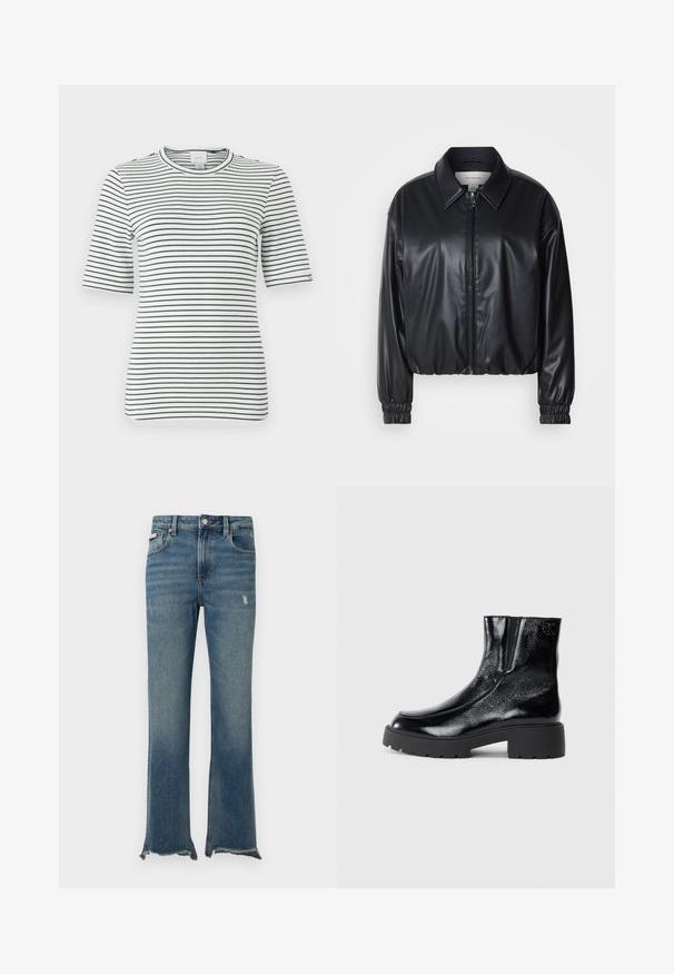 Fekete, rövidített fazonú műbőr dzseki, elöl cipzárral, hegyes gallérral és rugalmas mandzsettákkal. Minimalista logó található a mellkason.; Csíkos, rövid ujjú póló, fehér és sötétkék színekben. Kerek nyakú, puha és rugalmas anyagból készült, az anyagon vízszintes csíkok találhatóak.; Kék farmernadrág enyhe kopott hatással, ropogós szegéllyel, elülső zsebekkel, övbújtatókkal és gombos záródással.; Fekete bokacsizmák fényes lakkbőr felülettel, vastag fekete gumitalppal és megemelt sarokkal; oldalon diszkrét logó részlettel.