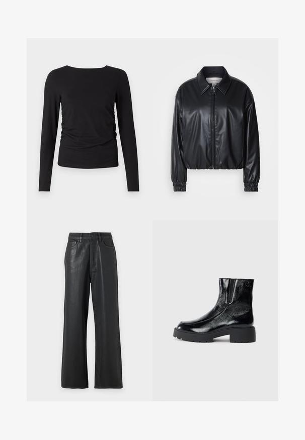 Musta lyhyt nahkatakki, jossa on vetoketjukiinnitys, terävä kaulus ja joustavat hihansuut. Rinnassa on minimaalinen brändäys.; Musta pitkähiha toppi pehmeästä kankaasta, jossa on pyöreä pääntie ja rypytetty yksityiskohta yhdellä sivulla lisätekstuurin saamiseksi.; Mustat löysät housut, jotka on valmistettu kiiltävästä materiaalista. Ominaisuuksiin kuuluu nappisuljenta, vyölenkit ja etutaskut, joilla on sileä pinta.; Mustat nilkkurit, joissa on kiiltävä patenttinahkafarba, paksu musta kumipohja ja korkeampi korko; sisältää hienovaraisen logon yksityiskohdan sivussa.