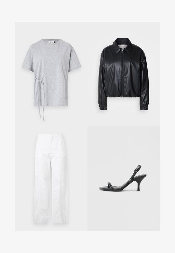 Schwarze, taillierte Jacke aus Kunstleder mit einem Reißverschluss vorn, spitzem Kragen und elastischen Bündchen. Verfügt über eine minimale Markenkennzeichnung auf der Brust.; Graues Baumwoll-T-Shirt mit rundem Halsausschnitt, kurzen Ärmeln und seitlichem Knotendetail. Strukturierte, lässige Passform mit schlichter Gestaltung.; Weiße, weit geschnittene Hosen aus leichtem Stoff, mit glatter Textur, klaren Linien und einem Hochbund-Design.; Schwarze Leder-Sandalen mit hohen Absätzen, schlankem, gebogenem Absatz und gekreuztem Riemendesign. Verstellbarer Knöchelriemen. Glatte Textur.