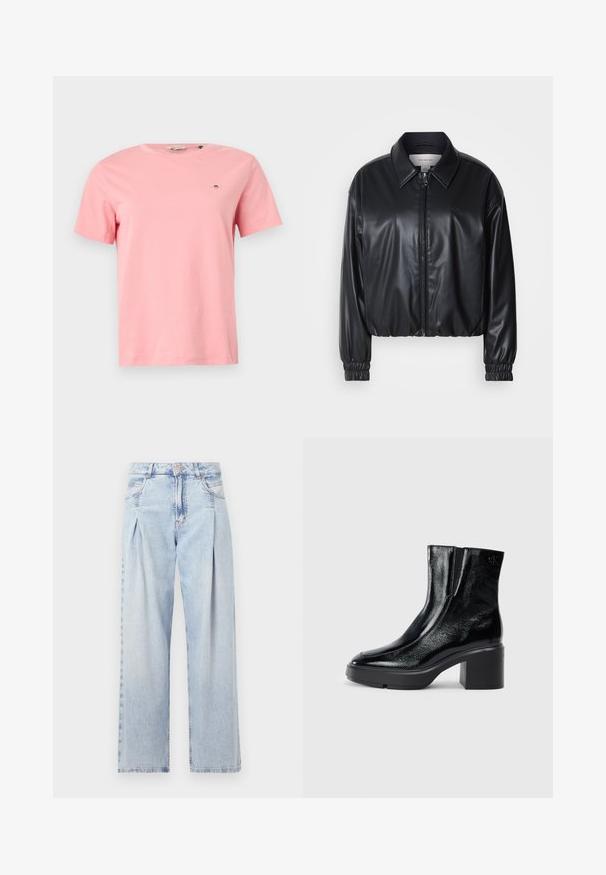 Black cropped jacket in faux leather with a zip front, pointed collar, and elastic cuffs. Features minimal branding on the chest.; Pink cotton T-shirt with a round neckline, short sleeves, and a small embroidered logo on the left chest. Smooth texture, casual fit.; Light blue denim jeans with a high waist, wide-leg cut, two side pockets, and pleated design feature. Soft texture with a faded finish.; Black patent leather ankle boots with a curved toe, elastic side panels, and a chunky block heel. Features embossed logo on the back.