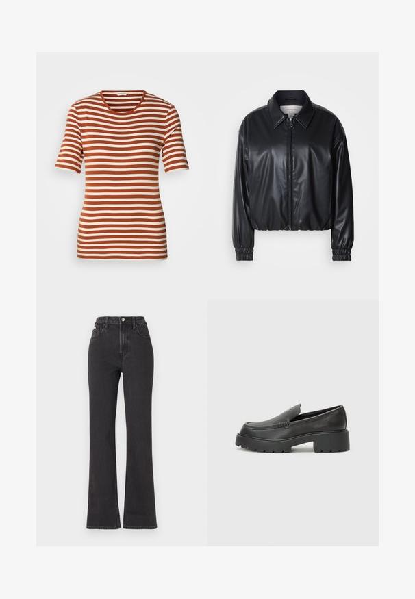 Black cropped jacket in faux leather with a zip front, pointed collar, and elastic cuffs. Features minimal branding on the chest.; Striped t-shirt featuring alternating rust and cream colors, short sleeves, a round neckline, and a soft, textured fabric.; Black high-waisted flared jeans made of denim, featuring a button closure, belt loops, and side pockets. Smooth texture with minimal fading.; Black leather loafers with a rounded toe, thick textured sole, and minimal stitching details. Sleek design with no visible laces or hardware.