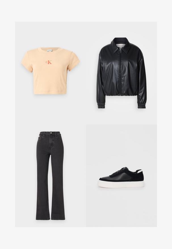 Črna krajša jakna iz umetnega usnja z zadrgo spredaj, koničastim ovratnikom in elastičnimi manšeti. Ima minimalno blagovno oznako na prsih.; Svetlo breskvaste kratke majice s kratkimi rokavi, narejene iz rebrastega bombaža, z osrednjim logotipom v temnejšem oranžnem odtenku in minimalnimi šivalnimi detajli.; Črne kavbojke s visokim pasom in razširjenimi hlačnicami, narejene iz denima, z gumbom za zapiranje, zankami za pas in stranskimi žepi. Gladka tekstura z minimalnim bledenjem.; Črne športne copate z gladko usnjeno in semišnimi paneli, ravnimi vezalkami, zaobljenim nosom in belim gumijastim podplatom. Oznaka na peti.
