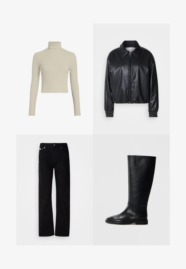 Must have musternahk, mis on valmistatud kunstnahast, lukuga esifaas, terava krae ja elastsete mansettidega. Rinnas minimaalne brändingu element.; Helebeige soontekkidega pikade varrukatega tops, millel on kitsa lõike ja kõrge kaelus. Omab peent logotagi allservas. Sile tekstuur.; Mustad teksased sirge jala ja viie taskuga, hõbedaste neetide ja nupu sulgemisega. Kanga pind on sile, kerge tekstuuriga.; Mustadast mustad nahast põlve kõrgus kingad, ümarate varvastega, siledast tekstuurist, minimalistlikus disainis ja lame tallaga. Lihtsad õmbluse detailid varrel.