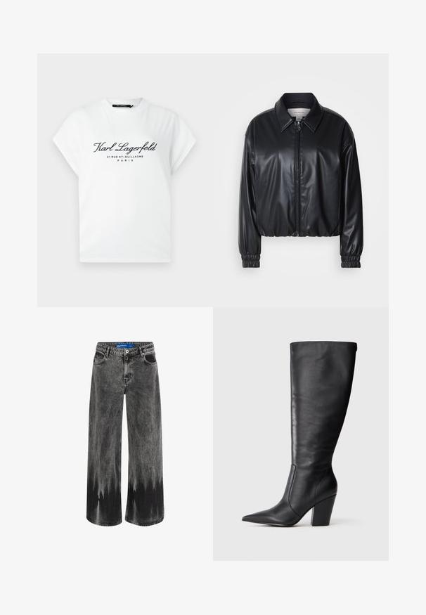 Jacket cropped preto em couro sintético com fecho zip, colarinho pontudo e punhos elásticos. Apresenta uma marcação mínima no peito.; T-shirt branca de manga curta com texto preto "Karl Lagerfeld 21 Rue St-Guillaume Paris" impresso na frente, gola redonda.; Calças de ganga de perna larga em denim preto desbotado, apresentando um efeito de dip-dye, acessórios em aço e um design clássico de cinco bolsos com cintura padrão.; Bota de couro preta até ao joelho com bico apontado e salto alto robusto, apresentada em perfil lateral esquerdo sobre fundo branco.