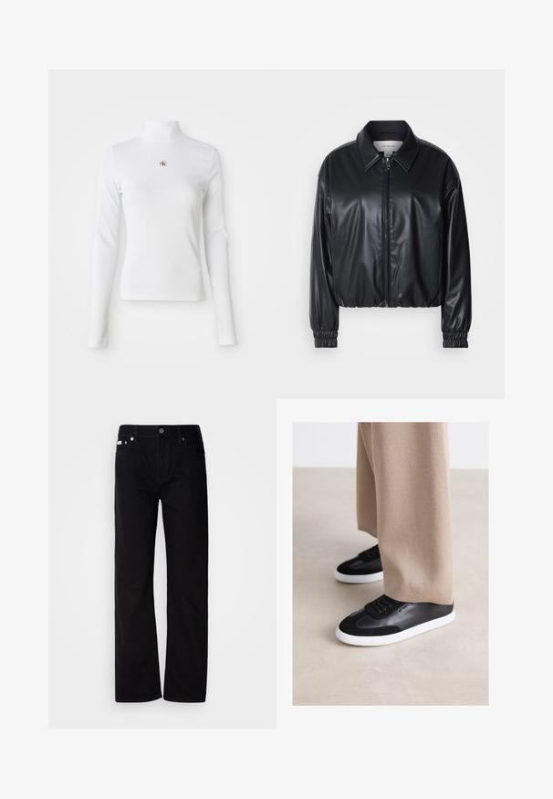 Melna, īsā jaka no mākslīgās ādas ar zipa priekšpusi, norādītām apkaklēm un elastīgām aprocēm. Uz krūtīm ir minimāla zīmola identifikācija.; Garais piedurkņu baltais turtlenecks augšdaļa, izgatavota no ribota materiāla. Tam ir neliels izšūts logotips centrā. Pietuvojošs dizains bez rakstiem.; Melnas denima taisnas kājas bikses ar pieciem kabatām, sudraba kniedēm un pogu aizdari. Audumam ir gluda, nedaudz teksturēta virsma.; Melni ādas sneki ar zamšādas akcentiem, ar baltu gumijas zoli un melnām auklām. Apvienoti ar bežām platām biksēm.