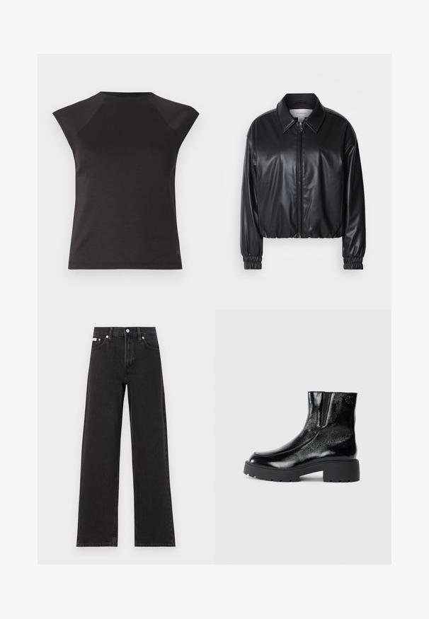 Sort cropped jakke i faux læder med lynlås foran, spidse kraver og elastiske håndled. Minimal brandings på brystet.; Sort kortærmet top med en rund halsudskæring og skrå skuldersømme. Fremstillet af glat stof med en tætsiddende pasform og ingen synlige mønstre.; Sorte vidde jeans lavet af denim, med høj talje, fem-lomme stil og en metalknap lukning med kontrasterende syninger.; Sorte ankelstøvler med en blank patentlæderfinish, chunky sort gummisål og hævet hæl; inkluderer subtilt logodetalje på siden.