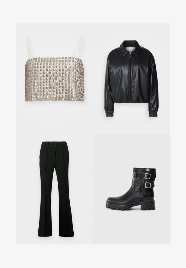 Melna, īsā jaka no mākslīgās ādas ar zipa priekšpusi, norādītām apkaklēm un elastīgām aprocēm. Uz krūtīm ir minimāla zīmola identifikācija.; Metāliski sudraba krūšturis ar kvadrātveida mirdzošiem elementiem un plānām baltām siksnām, taisnstūra forma, gluda virsma un vienmērīga režģa raksts.; Melnas skāriena bikses ar gludu audumu, augstu vidukļa jostu ar divām pogām un priekšējām krokām, kas nodrošina piegrieztu izskatu.; Melna ādas potīte ar dubultu sprādžu akcentiem, rāvējslēdzēja aizdari, masīvu zoli un gludu tekstūru. Izaicinoša, stilīga dizaina iezīme.