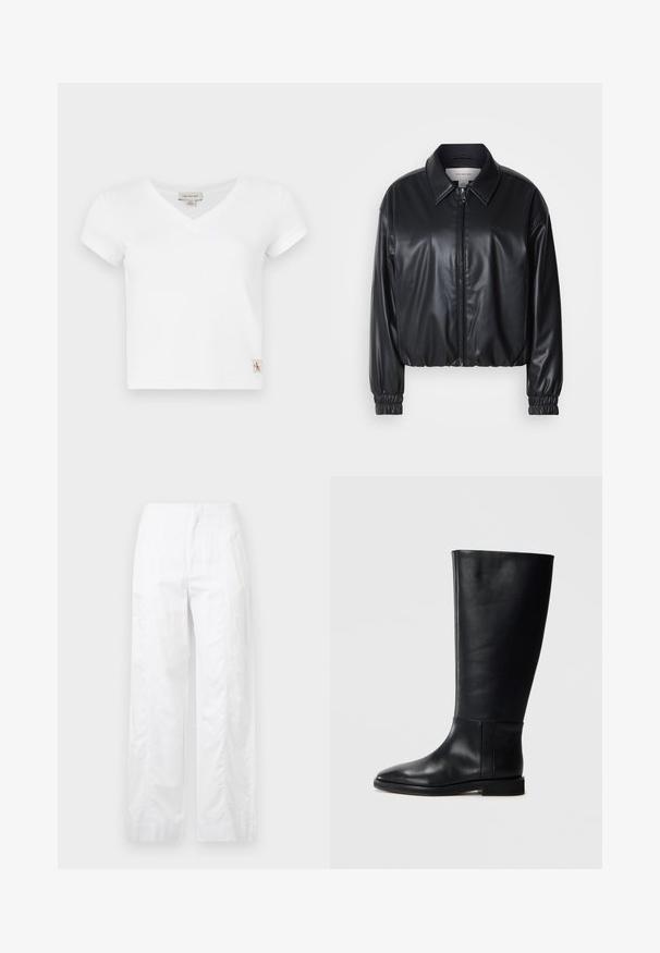 Čierna skrátená bunda z umielej kože s predným zipsom, špicatým golierom a elastickými manžetami. Obsahuje minimálne logo na hrudi.; Biela tričko s výstrihom do V a krátkymi rukávmi, vyrobené z rebrovaného materiálu. Má malé logo na ľavej strane blízko lemu.; Biele široké nohavice z ľahkej látky, s hladkou textúrou, čistými líniami a vysokým pásom.; Čierna kožená čižma po kolená s okrúhlym prstom, hladkou textúrou, minimalistickým dizajnom a plochou podrážkou. Jednoduché švy na nohavici.