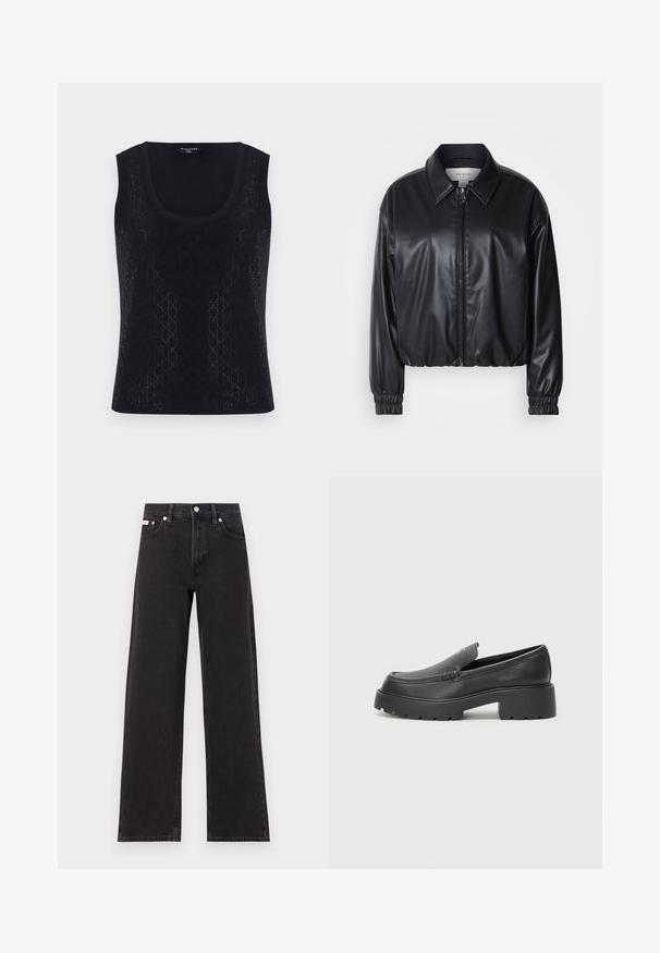 Juodas trumpas švarkas iš dirbtinės odos su užtrauktuku priekyje, smailiu apykaklės dizainu ir elastingomis rankovėmis. Švarke minimalus prekės ženklas ant krūtinės.; Juodas tankų viršus su apvaliu iškirpimu, pasižymintis tekstūruotu mažų geometrinių formų raštu ir subtiliu blizgesiu. Audinys lengvas ir lygus.; Juodos plačios kojų džinsai, pagaminti iš džinsinio audinio, su aukštu liemeniu, penkių kišenių stiliumi ir metaline sagte su kontrastingo siuvimo detalėmis.; Juodi odiniai loaferiai su apvaliu pirštu, storu tekstūruotu padu ir minimaliu siūlių dekoru. Išskirtinis dizainas be matomų raištelių ar furnitūros.
