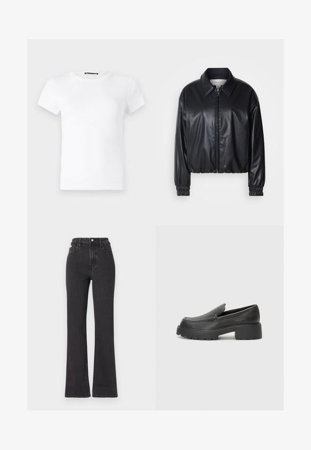 Zwarte cropped jacket van faux leer met een ritssluiting aan de voorkant, puntige kraag en elastische manchetten. Bevat minimale branding op de borst.; Witte t-shirt met korte mouwen, gemaakt van ribbelkatoen. Heeft een ronde halslijn en een getailleerd ontwerp met een soepele textuur.; Zwarte hoge taille flared jeans van denim, met een knoopsluiting, riemlussen en zijzakken. Gladde textuur met minimale vervaging.; Zwarte leren instappers met een ronde neus, dikke getextureerde zool en minimale stikseldetails. Strak ontwerp zonder zichtbare veters of hardware.