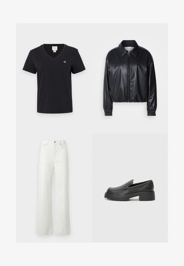 Black cropped jacket in faux leather with a zip front, pointed collar, and elastic cuffs. Features minimal branding on the chest.; Black cotton V-neck T-shirt with short sleeves, featuring a small white "ck" logo on the left chest. Simple, classic design.; Samsøe Samsøe SHELLY - Relaxed fit jeans - clear cream; Black leather loafers with a rounded toe, thick textured sole, and minimal stitching details. Sleek design with no visible laces or hardware.