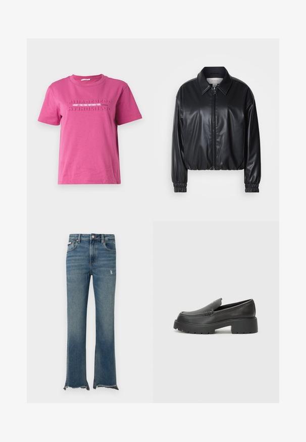 Fekete, rövidített fazonú műbőr dzseki, elöl cipzárral, hegyes gallérral és rugalmas mandzsettákkal. Minimalista logó található a mellkason.; Rózsaszín pamut póló rövid ujjakkal, kiemelkedő felirattal: "GYÚJTSD BE A TŰZET MAGADBAN" és ismétlődő "TUDATOSSÁG" mintával.; Kék farmernadrág enyhe kopott hatással, ropogós szegéllyel, elülső zsebekkel, övbújtatókkal és gombos záródással.; Fekete bőr loafer cipők kerek orral, vastag, texturált talppal és minimális varrási részletekkel. Áramvonalas dizájn, látható fűzők vagy fém részek nélkül.