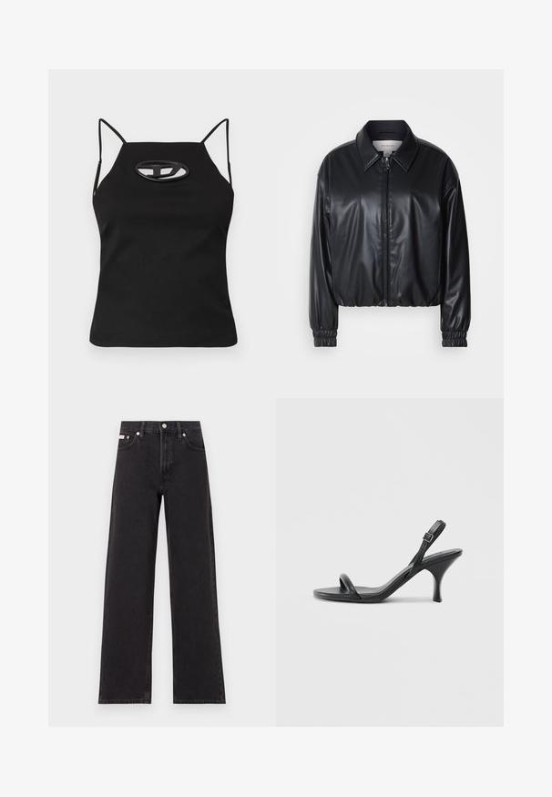 Schwarze, taillierte Jacke aus Kunstleder mit einem Reißverschluss vorn, spitzem Kragen und elastischen Bündchen. Verfügt über eine minimale Markenkennzeichnung auf der Brust.; Schwarzes ärmelloses Oberteil mit dünnen Trägern, das ein ausgeschnittenes ovales Detail an der Brust aufweist. Aus glattem, elastischem Stoff gefertigt.; Schwarze weit geschnittene Jeans aus Denim mit einem hoch sitzenden Bund, fünf Taschen und einem Metallknopfverschluss mit kontrastierendem Nähte.; Schwarze Leder-Sandalen mit hohen Absätzen, schlankem, gebogenem Absatz und gekreuztem Riemendesign. Verstellbarer Knöchelriemen. Glatte Textur.