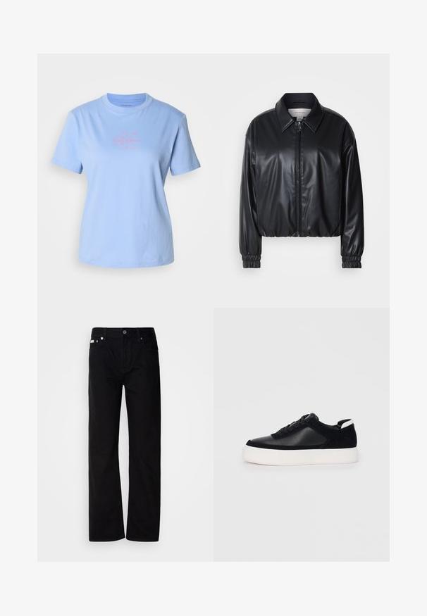 Svart kort jacka i konstläder med dragkedja framtill, spetsig krage och elastiska ärmslut. Har minimal branding på bröstet.; Ljusblå bomulls T-shirt med rund hals, korta ärmar och en central rosa Calvin Klein-logotypdesign. Mjuk textur och klassisk passform.; Svarta denimbyxor med rak passform, fem fickor, silverfärgade nitar och knappstängning. Tyget har en slät, något strukturerad finish.; Svart sneaker med slät läder- och mockapaneler, platta snören, rundad tå och en vit gummisula. Distinkt logotyp på hälen.